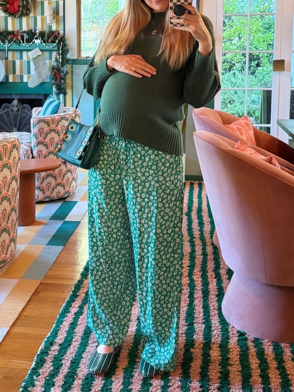 Things Between Green White Floral Print Wide Leg Pants S